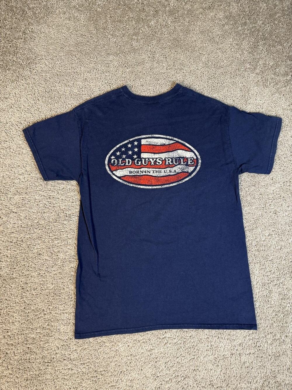 Old Guys Rule Shirt Mens M Blue American Flag Oval Logo Crew Neck Cotton